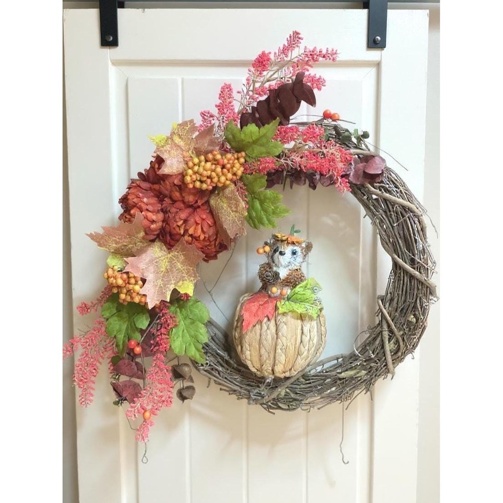 Handmade Fall Wreath: Faux Pumpkin, Pinecone & Berry Door Decor